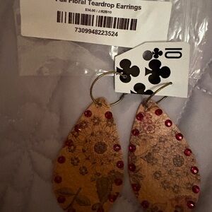 Floral Teardrop Leather Earrings with Red Crystal Accents
